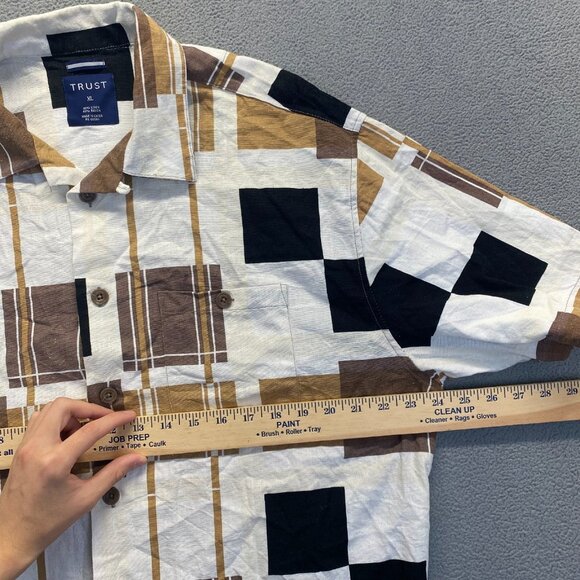 Trust Men's Button Up Shirt Color Block Brown Linen Short Sleeve Size XL Linen - Picture 4 of 9